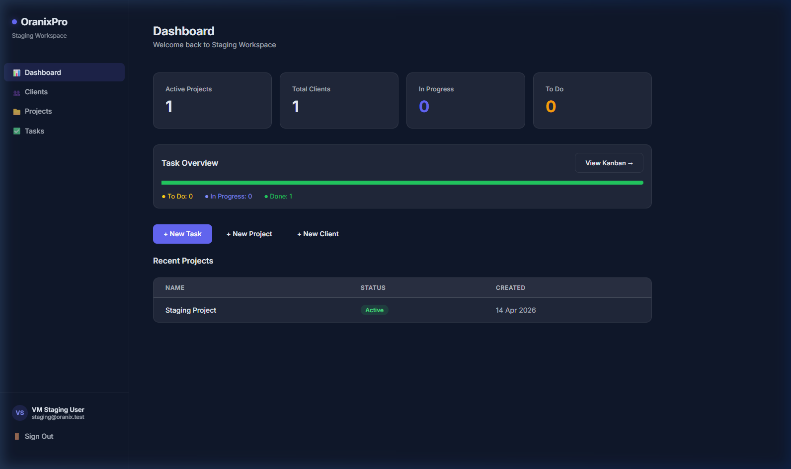 OranixPro Dashboard — manage clients, projects, and tasks in one workspace