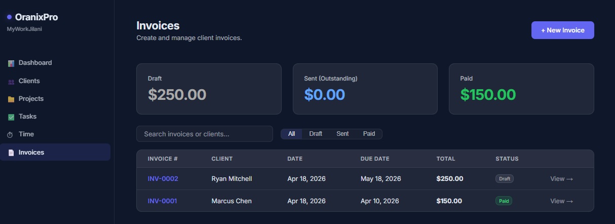 Invoices — create, send, and track client invoices with Draft, Sent, and Paid statuses