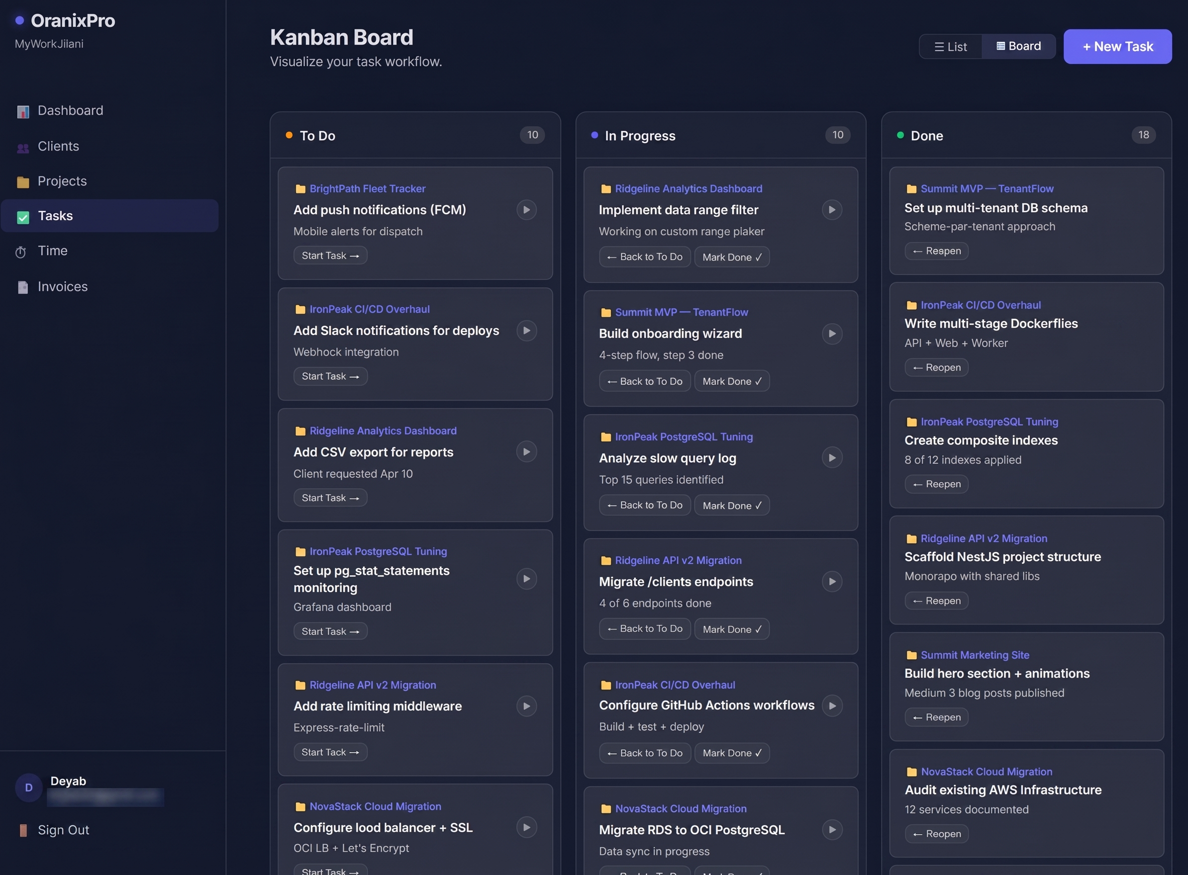 Kanban Board — drag and drop task management with To Do, In Progress, and Done columns
