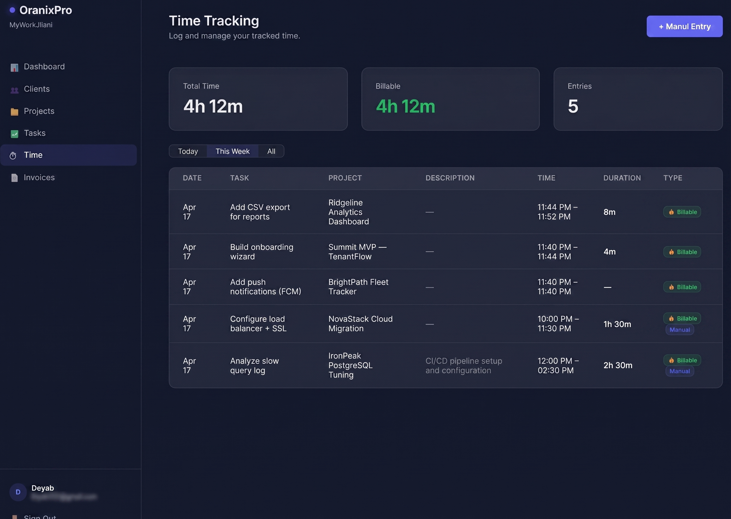 Time Tracking — billable hours, manual entries, and weekly summaries